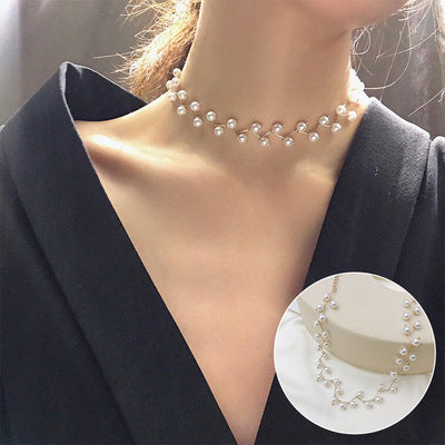 Pearl Choker Necklace for Women Korean Style Silver White Bead
