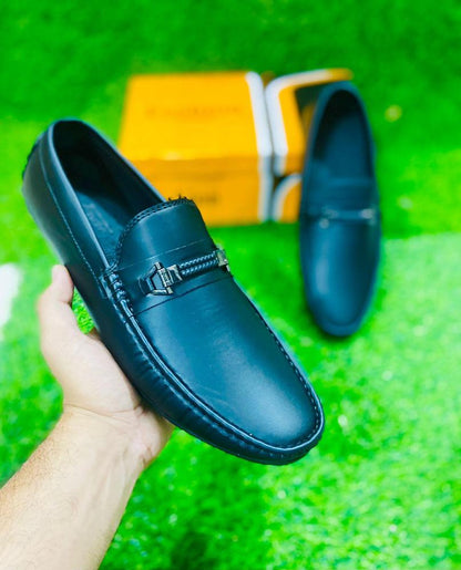 Men's Black Rexine Loafer Shoes with Metal Accents