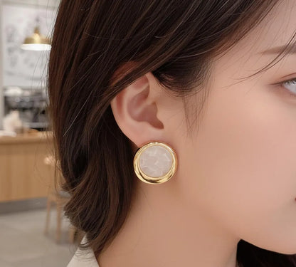 Korean Marble Circle Earrings Gold Tone Lightweight