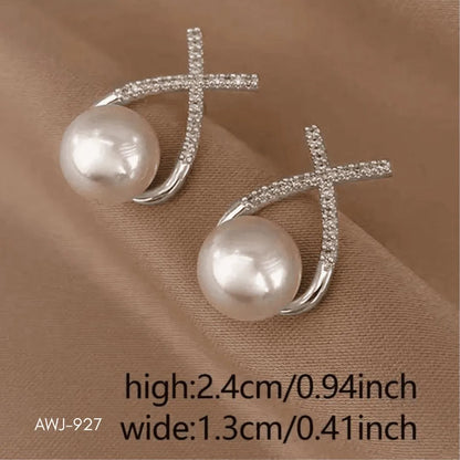 Cross Zircon Pearl Earrings Silver Gold Set
