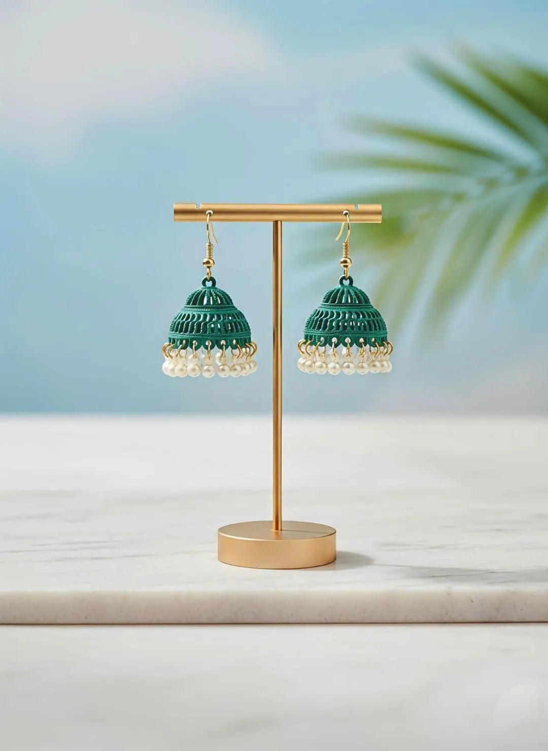 Green Jhumkas Earrings with Pearl Drop & Gold Plated