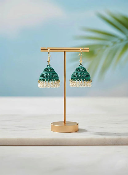 Green Jhumkas Earrings with Pearl Drop & Gold Plated