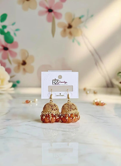 Elegant Gold Plated Jhumkas with Amber Beads for Weddings
