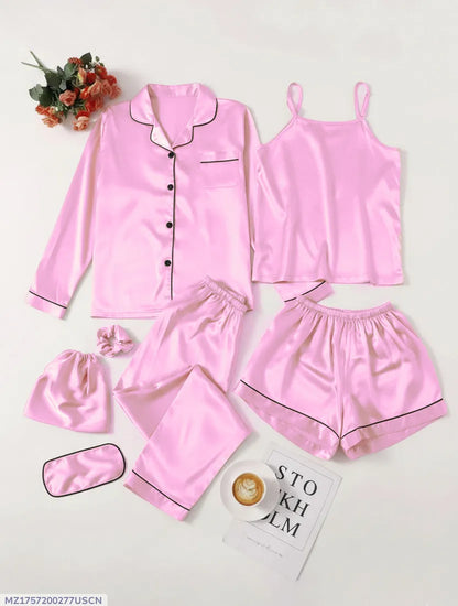 7 Pcs Women's Stitched Silk Piping Night suit