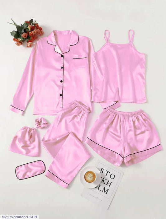 7 Pcs Women's Stitched Silk Piping Night suit