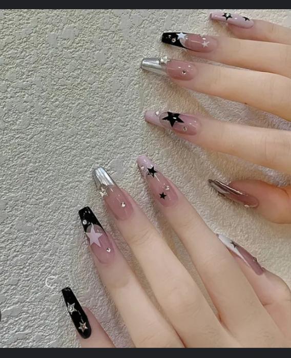 Stick-On Artificial Nails Multicolor Silver Chains Sparkles Reusable
