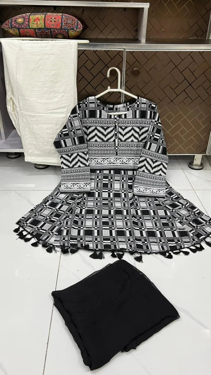 3Pcs Women's Stitched Lawn Digital Print Suit with Lace work short Frock and Shalwar