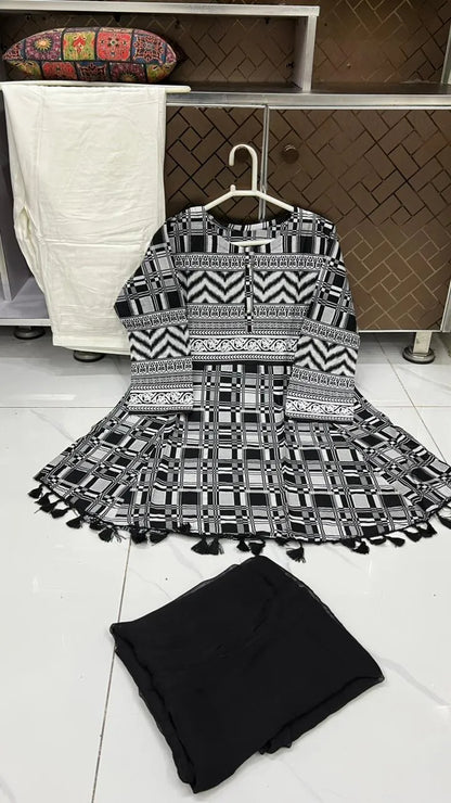 3Pcs Women's Stitched Lawn Digital Print Suit with Lace work short Frock and Shalwar