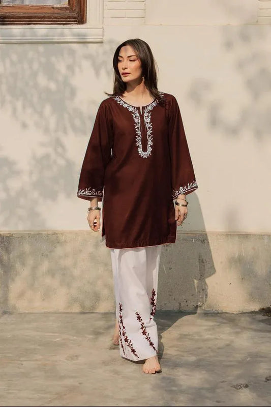 Women Embroidered Cotton Shirt & Flapper Set Brown