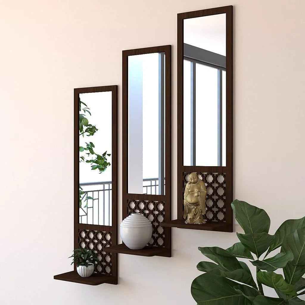 Set of 3 Wooden Mirror Wall Shelves Black