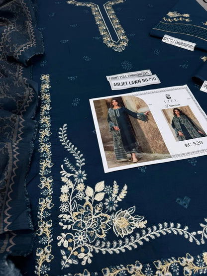 Blue Embroidered 3-Piece Lawn Suit for Women