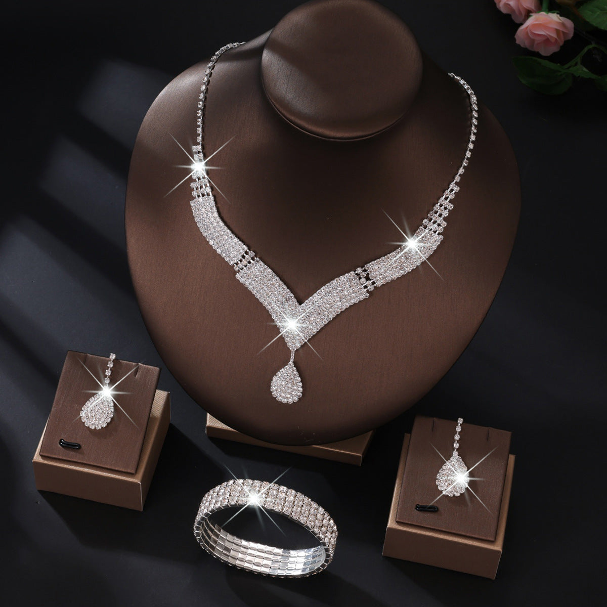 V-Neck Diamond Necklace & Earrings Set for Pakistani Women