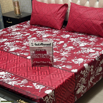 Red Floral Geometric Cotton Bedsheet Set King Size