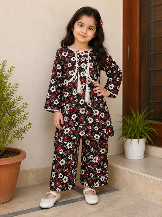 2 Pcs Girl's Stitched Cotton Printed Frock