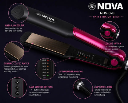 NOVA NHS-870 Professional Hair Straightener | Adjustable Temperature Control | Ceramic Coated Plates | Fast Heating Hair Styling Tool