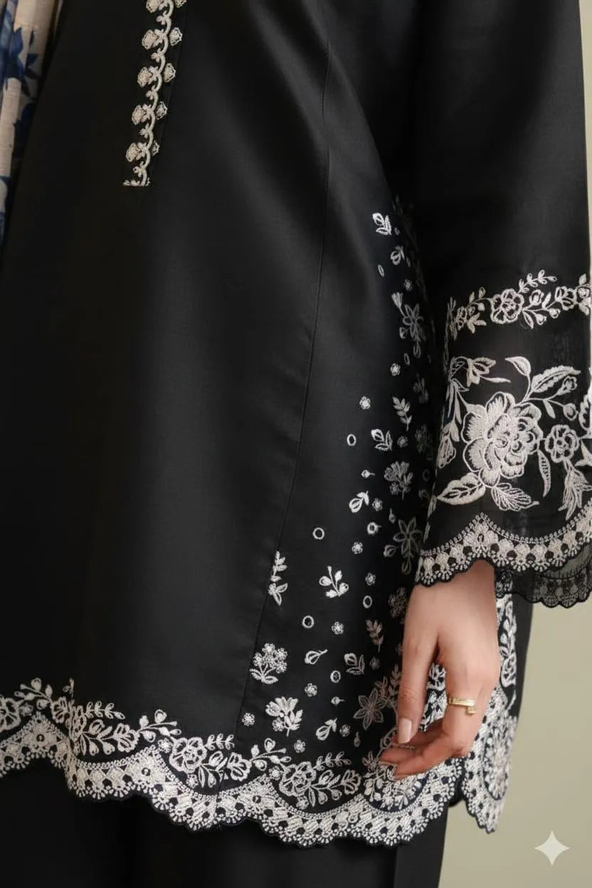 Black Embroidered Lawn Shirt with Dupatta Set