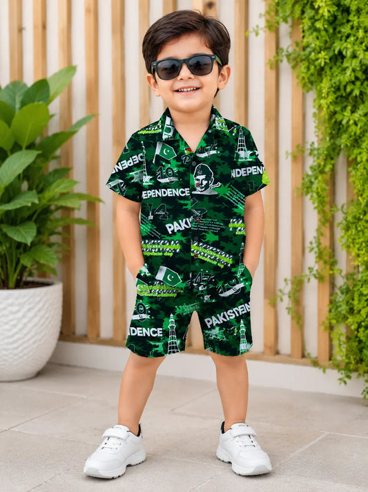 14 August 2 Pcs Boy's Dhanak Printed Shirt And Shorts Set