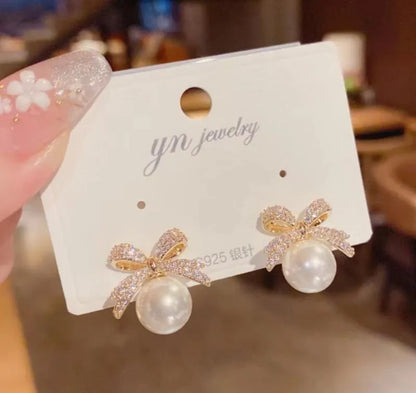 Gold Plated Bow Earrings with Pearl & Sparkle