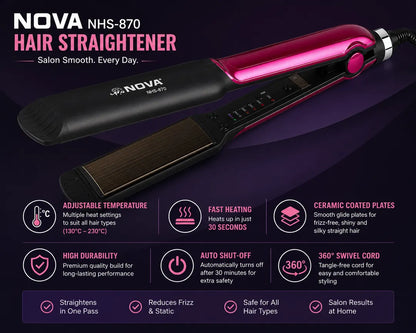 NOVA NHS-870 Professional Hair Straightener | Adjustable Temperature Control | Ceramic Coated Plates | Fast Heating Hair Styling Tool