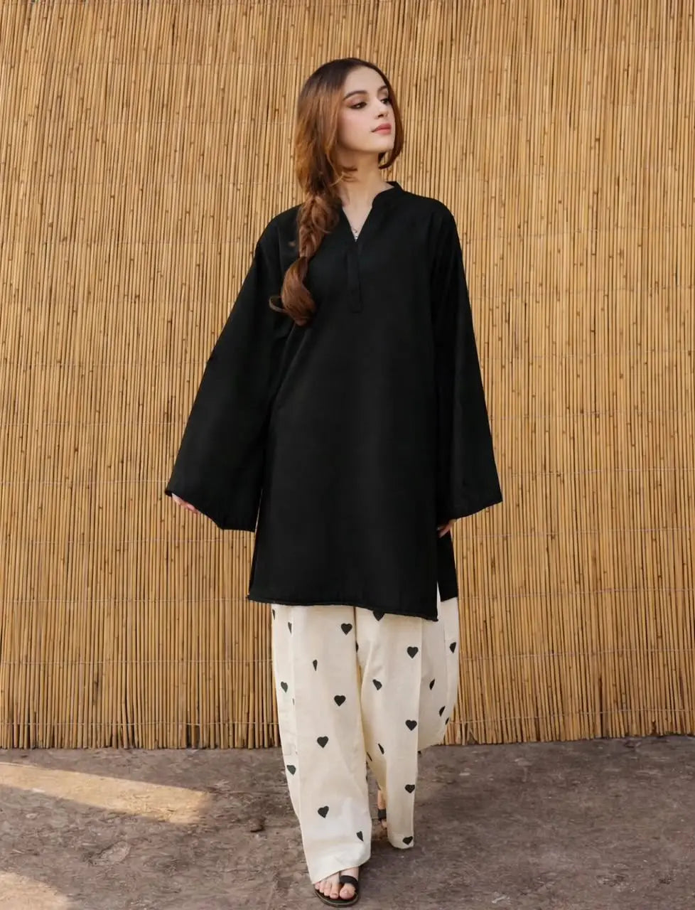 Women's Heart Printed Summer Linen 2 Piece Flapper Suit with V Neck Shirt | Sequence Lace Work | Casual Printed Cord Set | Soft Linen Dress for Women