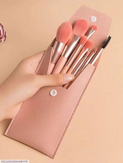 8-Piece Makeup Brush Set Pink Leather Pouch