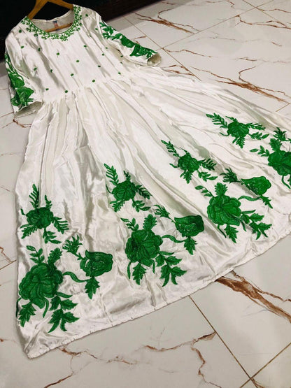 White Silk Maxi Suit with Green Floral Embroidery for Eid & Weddings