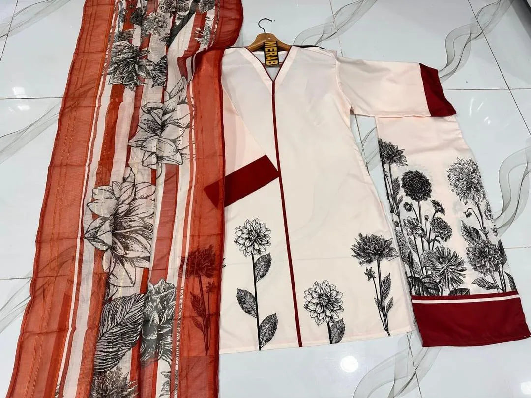 White Printed 3-Piece Arabic Lawn Suit for Women