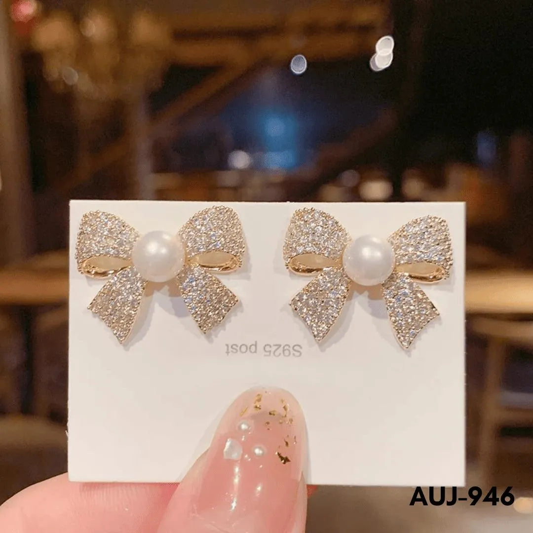 Bow Earrings Gold Pearl Sparkling Zircon S925