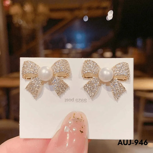 Bow Earrings Gold Pearl Sparkling Zircon S925