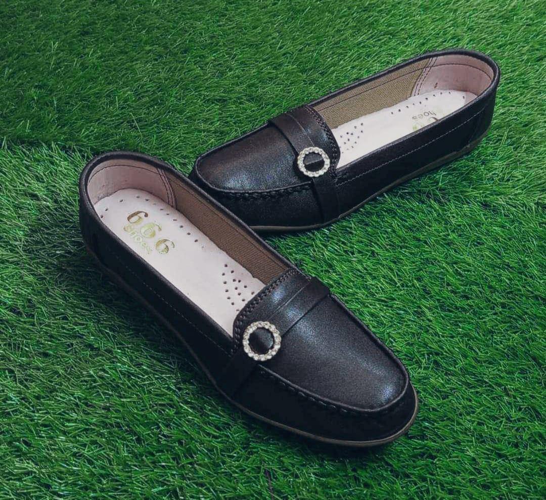 Black PVC Loafers with Gold Buckle for Women