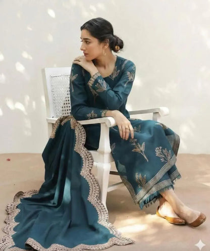 Unstitched Lawn Suit 03Pcs Embroidered Blue