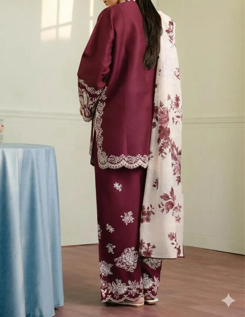 Maroon Embroidered Lawn Shirt Set with Dupatta