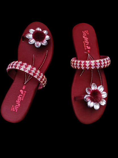 Maroon Satin Sandals with Gemstone Strap & Crystal Flower Accent
