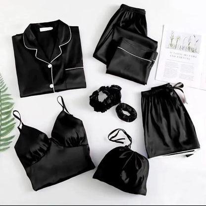 Black Silk 5-Piece Night Suit Set for Women