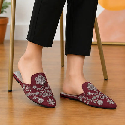Elegant Floral Embroidered Backless Loafers - 071 - Maroon