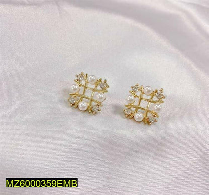 Square Pearl Earrings with Golden Plating & Pearls