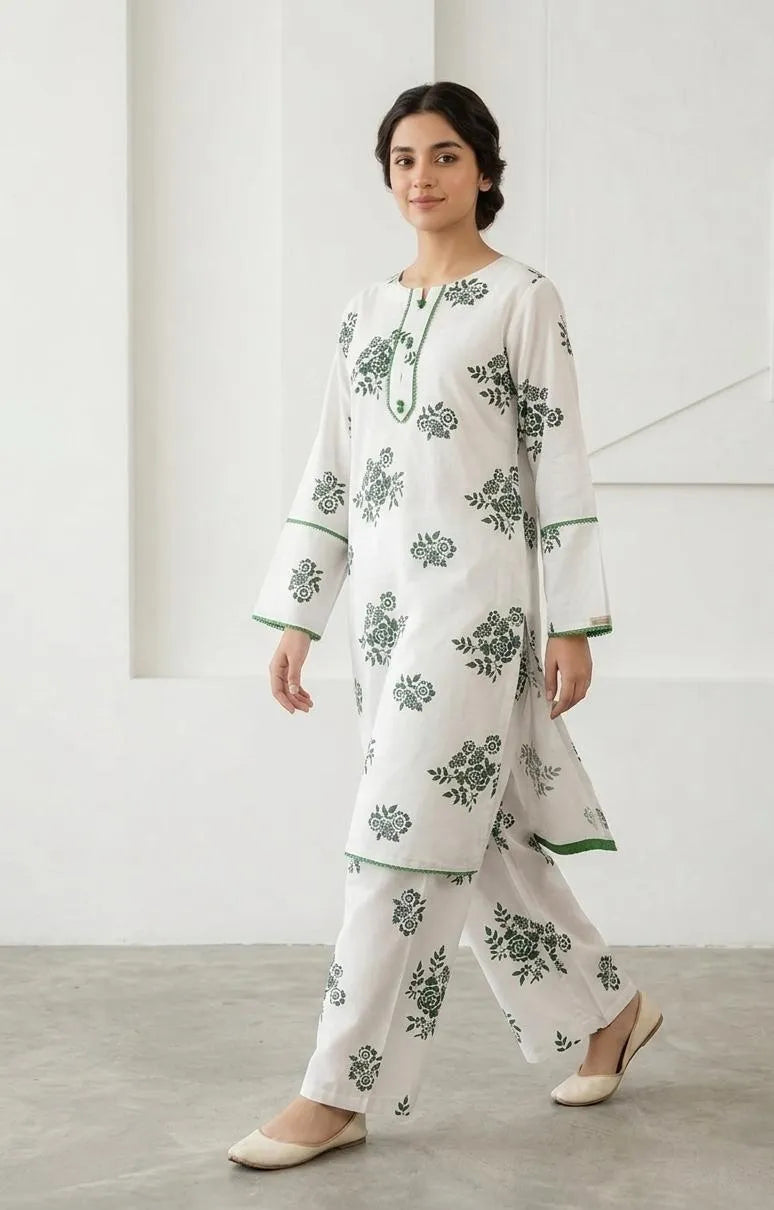 Pakistani Printed Kurta Pajama Set White Green Floral