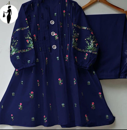 Blue Floral Embroidered 2-Piece Cotton Set for Women