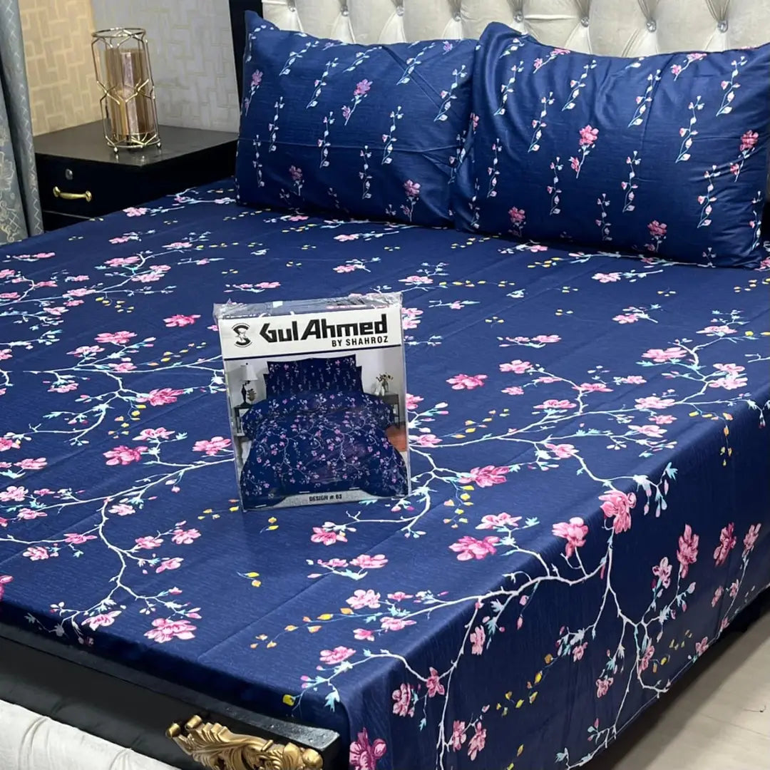 3 Pcs Cotton Salonica Printed Double Bedsheet