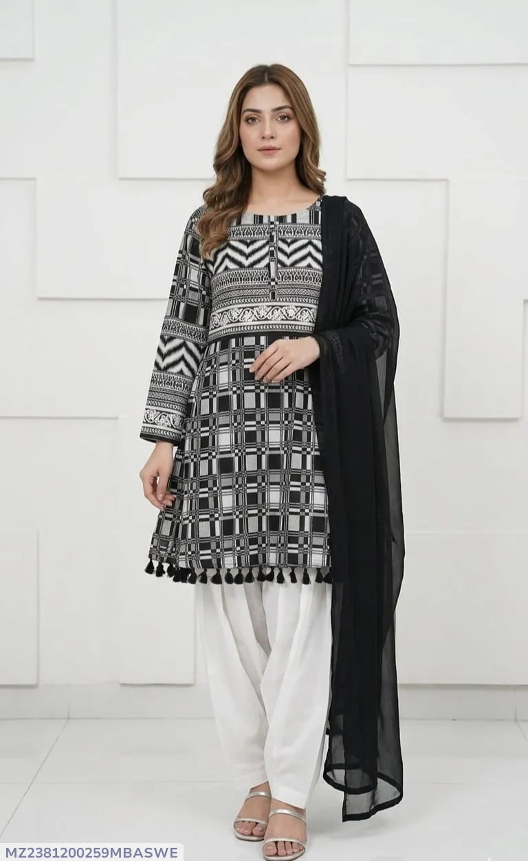 3Pcs Women's Stitched Lawn Digital Print Suit with Lace work short Frock and Shalwar