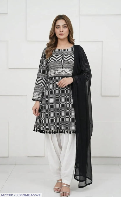 3Pcs Women's Stitched Lawn Digital Print Suit with Lace work short Frock and Shalwar
