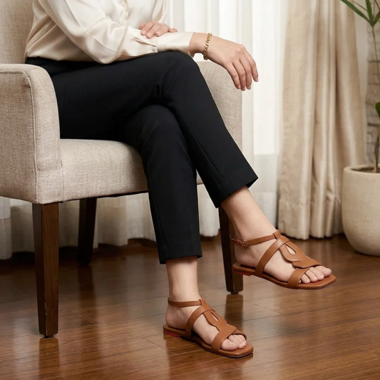 Mustard Leather Ankle Strap Sandals 058