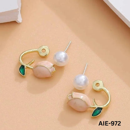 Flower Pearl Earrings Pink Green Leaf Lightweight Daily Wear