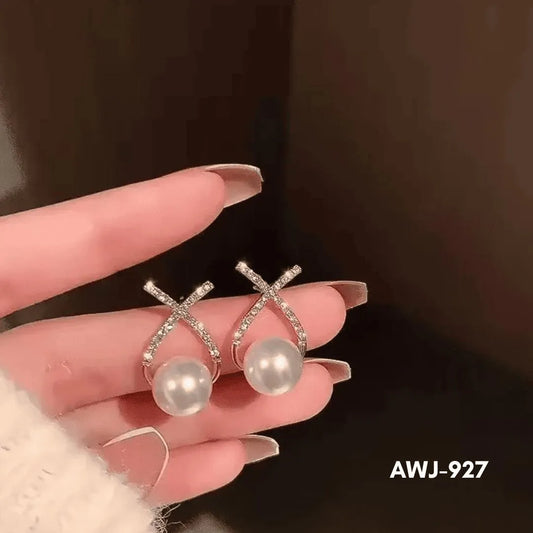 Cross Zircon Pearl Earrings Silver Gold Set
