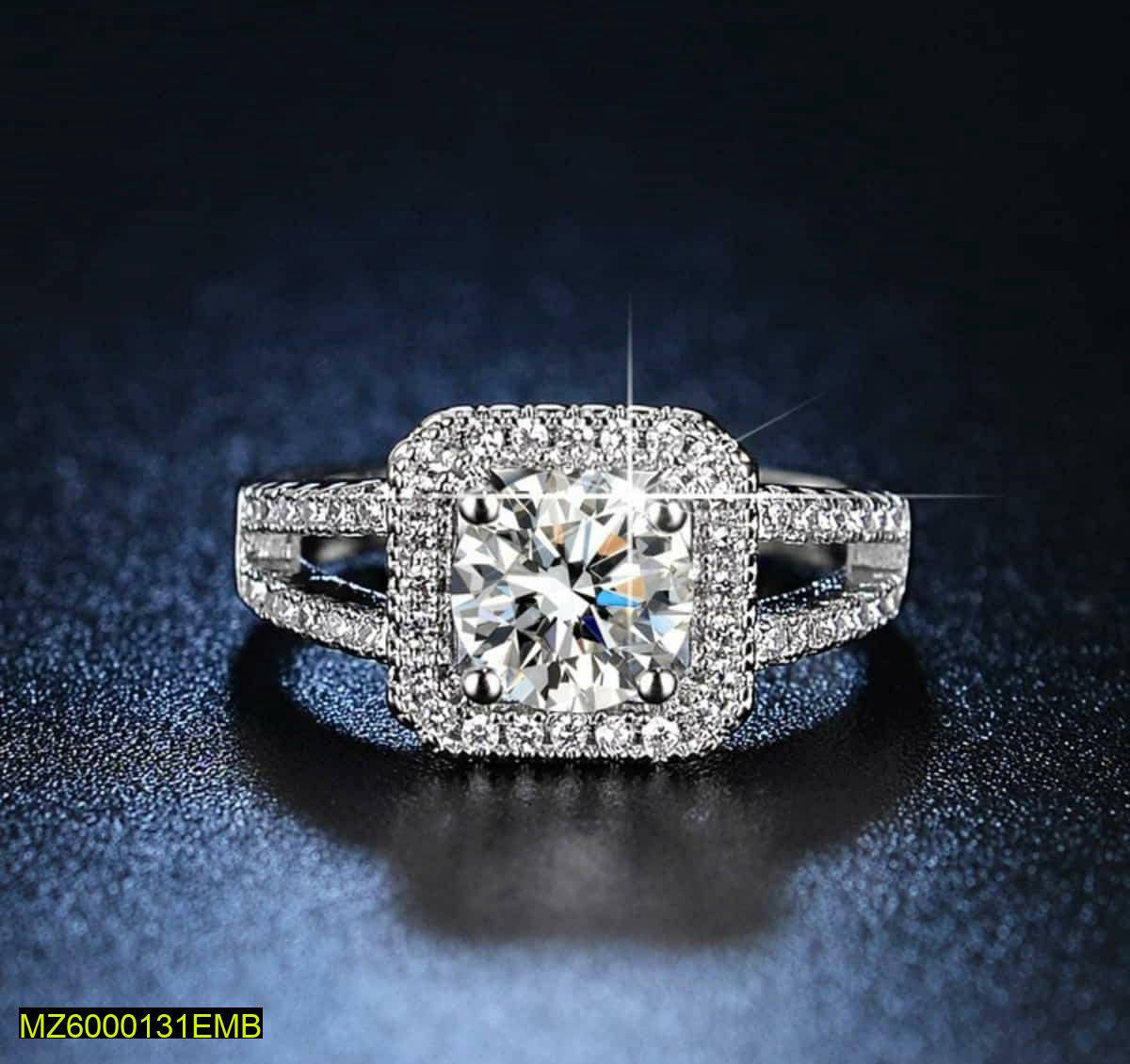 Square American Diamond Ring Silver Plated Adjustable