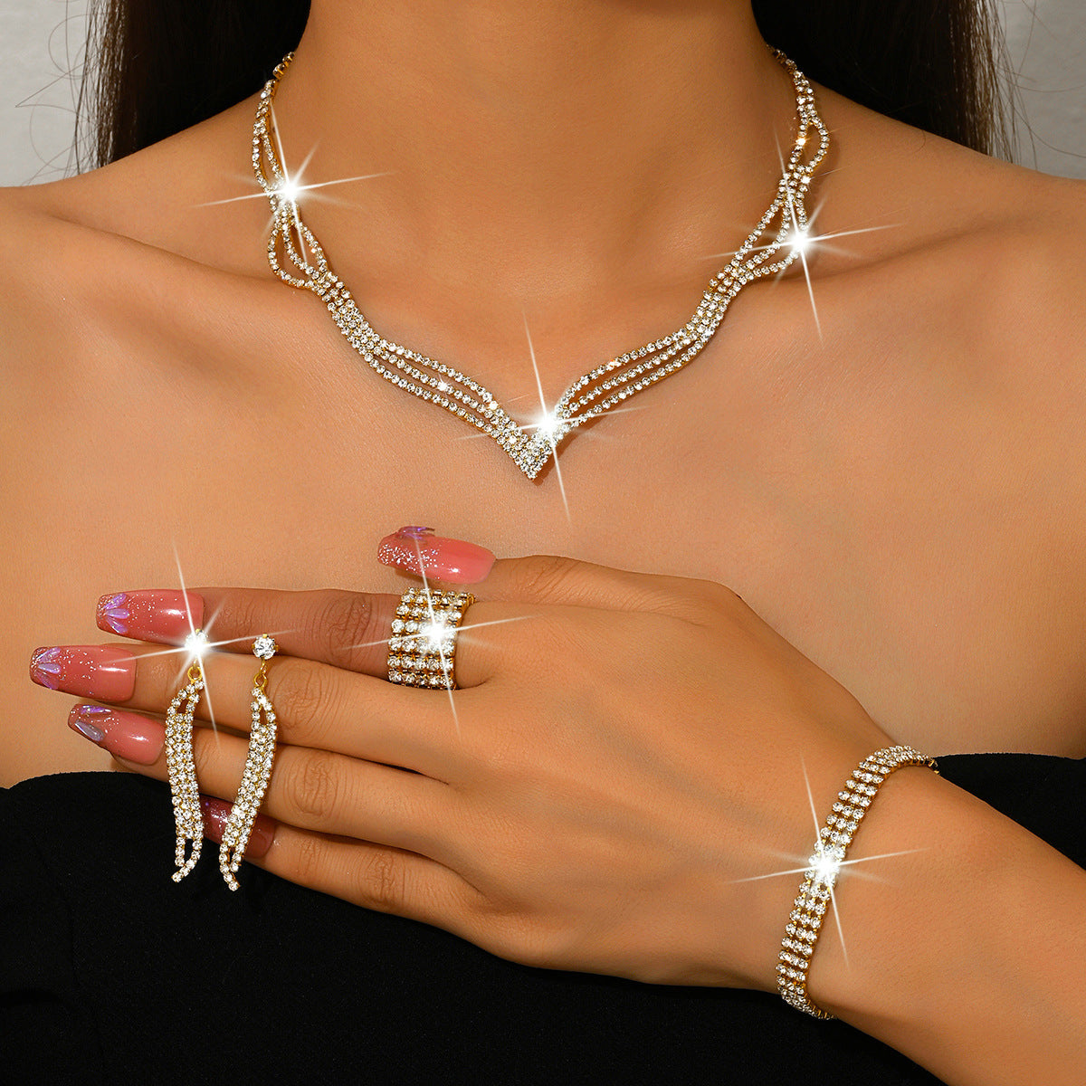 Sparkling Rhinestone 3-Piece Jewelry Set for Pakistani Women