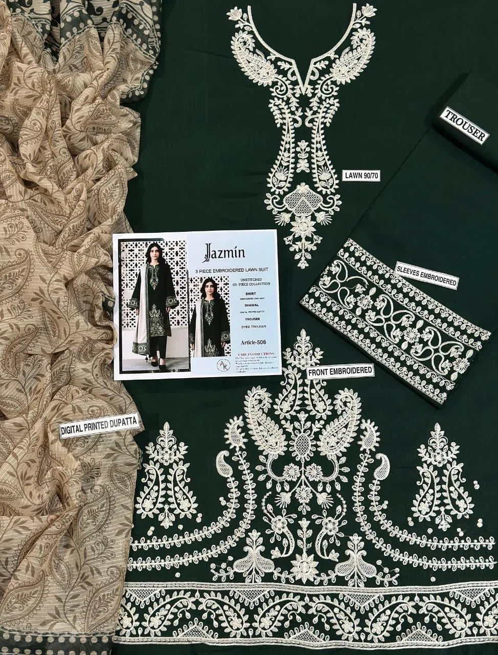 Green Lawn 3-Piece Suit with Silver Embroidery for Women