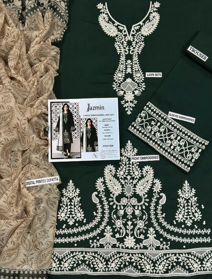 Green Lawn 3-Piece Suit with Silver Embroidery for Women