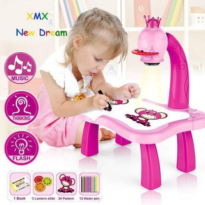 Kids Drawing Table & Projector Set Yellow Pink Plastic