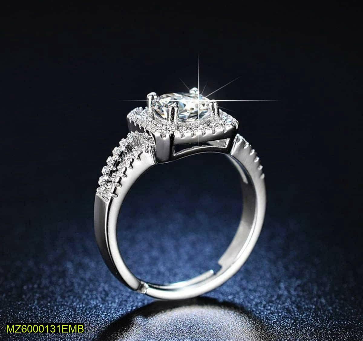 Square American Diamond Ring Silver Plated Adjustable